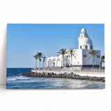 Black and white large art canvas of a Saudi Arabian cityscape, ideal for kitchen wall art or bedroom decor.