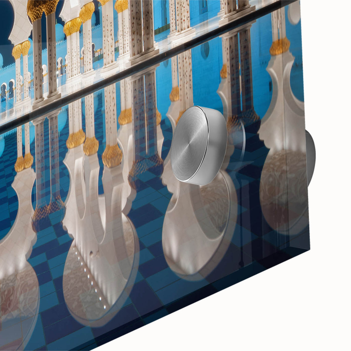 Large abstract wall art depicting Abu Dhabi skyline in muted brown and orange tones on acrylic glass.