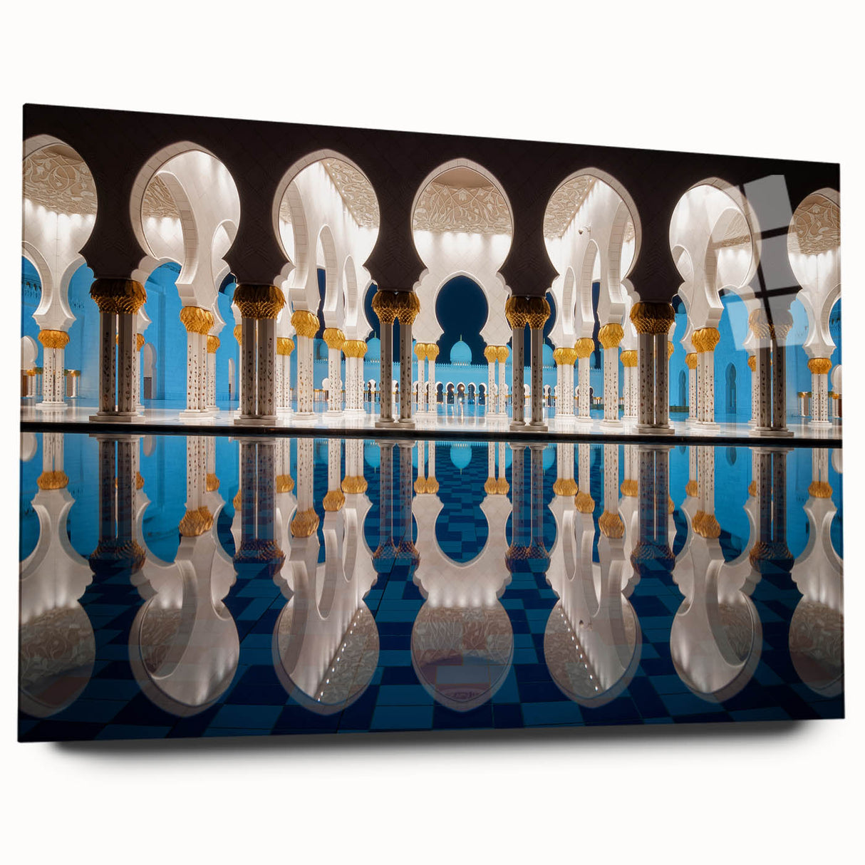 Large abstract wall art of Abu Dhabi skyline in muted blue and gray tones on acrylic glass.