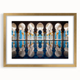 Extra large abstract art print featuring textured scenery of Abu Dhabi in muted gold and beige tones, framed with a gold mat.