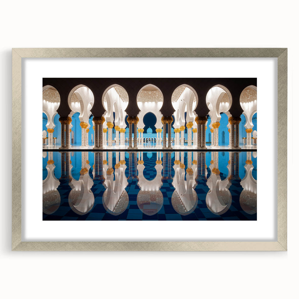 Textured abstract art print of Abu Dhabi skyline in muted gray tones on a framed silver mat, suitable for bedroom art.
