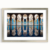 Textured abstract art print of Abu Dhabi skyline in muted gray tones on a framed silver mat, suitable for bedroom art.