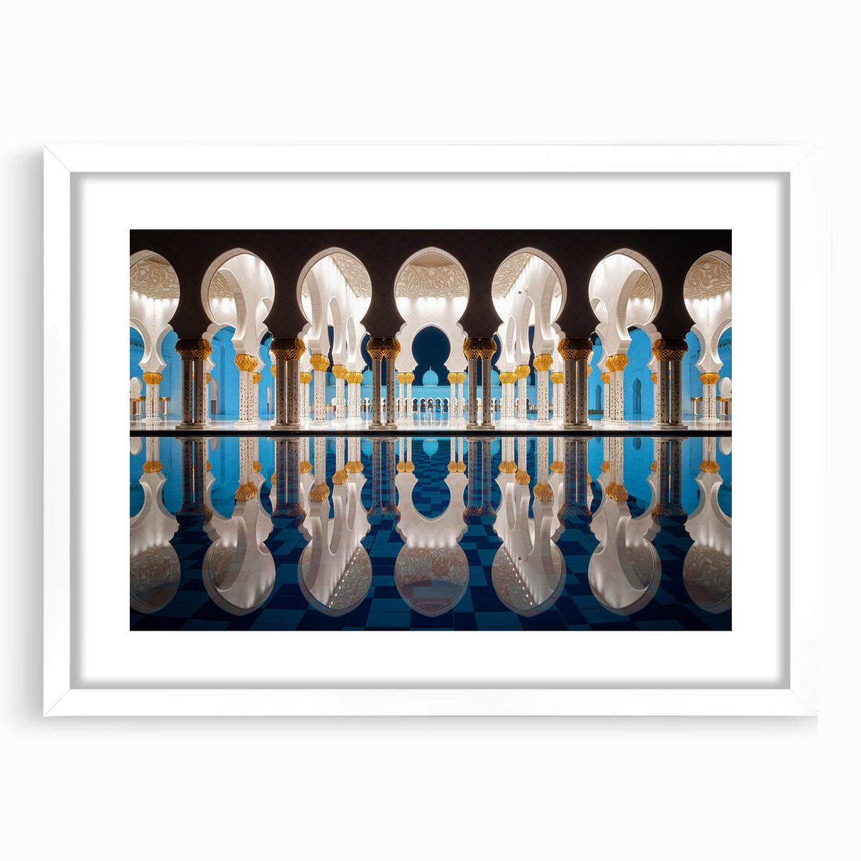 Abstract art print of Abu Dhabi skyline in muted gray and blue tones on a framed white mat.