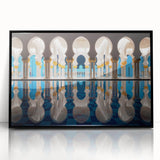 Large abstract wall art depicting the Abu Dhabi skyline in muted gray tones on a framed acrylic.