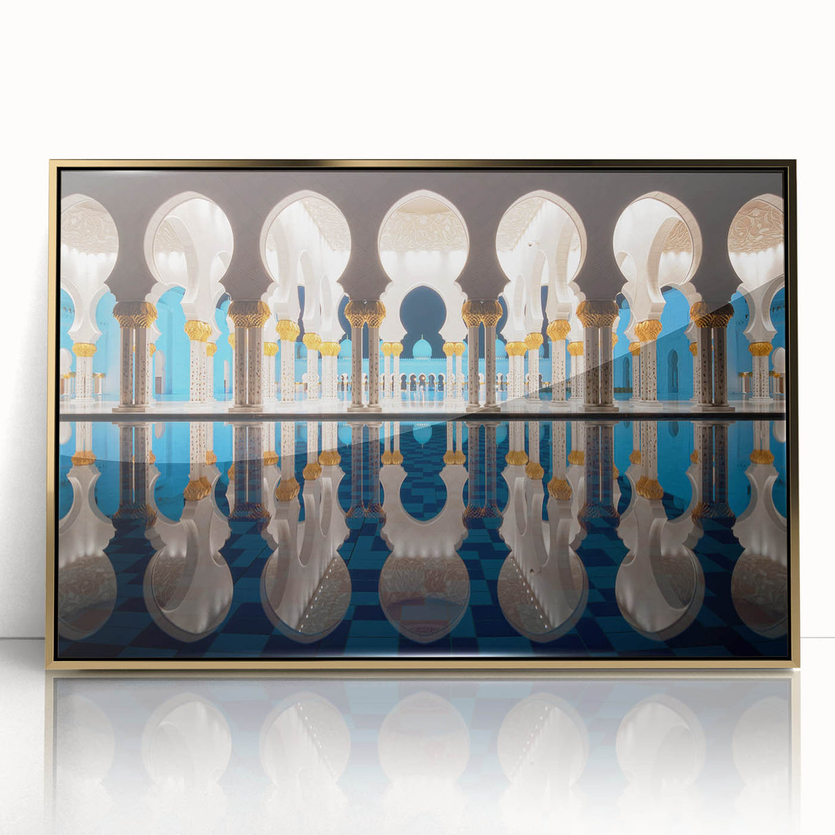 Acrylic print of Abu Dhabi skyline with gold frame, featuring mid-century modernist style in neutral tones.