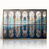 Acrylic print of Abu Dhabi skyline with gold frame, featuring mid-century modernist style in neutral tones.