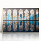 Mid-century modernist art depicting the Abu Dhabi skyline in muted silver and gray tones on a framed acrylic print.