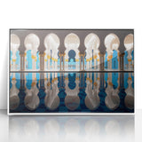 Art deco poster of Abu Dhabi skyline in muted gray and blue tones on framed acrylic, ideal for modern art wall decor.