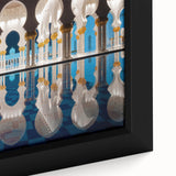 Extra large framed canvas of Abu Dhabi skyline in textured black with colorful accents, ideal for living room decor.
