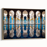 Framed canvas of Abu Dhabi skyline in black and gold tones, ideal for bedroom wall art.
