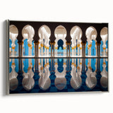 Framed canvas landscape art painting of Abu Dhabi skyline in colorful hues, ideal for modern living room decor.