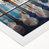 Art Deco poster of Abu Dhabi skyline in muted gray and blue tones on rolled canvas, suitable for dining room wall art.