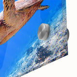 Large abstract oceanic scene in blue and green tones on acrylic glass.