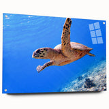 Large abstract oceanic scene in blue and green hues on acrylic glass, suitable for bedroom or dining room decor.