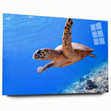 Large abstract oceanic scene in cool blue and green tones on acrylic glass, suitable for bedroom or dining room decor.