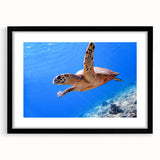 Extra large abstract art print of an oceanic Fiji scenery in vibrant colors on a black framed canvas.