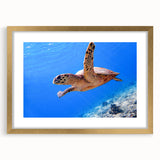 Extra large abstract art print of a textured oceanic scene in muted blue and green hues on a framed canvas.