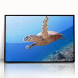 Large abstract wall art of Oceania's Fiji scenery in vibrant blue and green tones, framed in black acrylic.