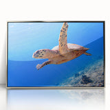 Mid-century modernist art depicting a serene Oceania Fiji scenery in muted blue and green tones, framed in silver acrylic.