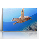 Art Deco-style poster of a serene Fiji beach scene in pastel blue and pink tones, framed in white acrylic.