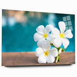 Large abstract wall art of Bora Bora's oceanic landscape in muted blue tones on acrylic glass.