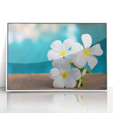 Art deco poster of French Polynesia's Bora Bora in pastel shades, framed in white acrylic, ideal for modern nursery wall art.