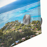 Large abstract wall art of Tahiti's oceanic scenery in vibrant blues and greens on acrylic glass.