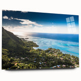 Large abstract wall art of Tahiti's oceanic scenery on acrylic glass, in shades of blue and green.