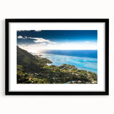 Extra large abstract art print of a colorful Tahitian landscape on textured canvas, framed in black.