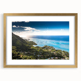 Extra large abstract art print of French Polynesia scenery in gold frame, ideal for living room.