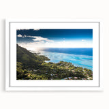 Large abstract wall art depicting a serene Tahitian landscape in cool blue and green tones, framed with a white mat.