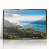 Framed acrylic print of a serene Tahiti beachscape in muted blue and sandy hues, ideal for modern art wall decor.