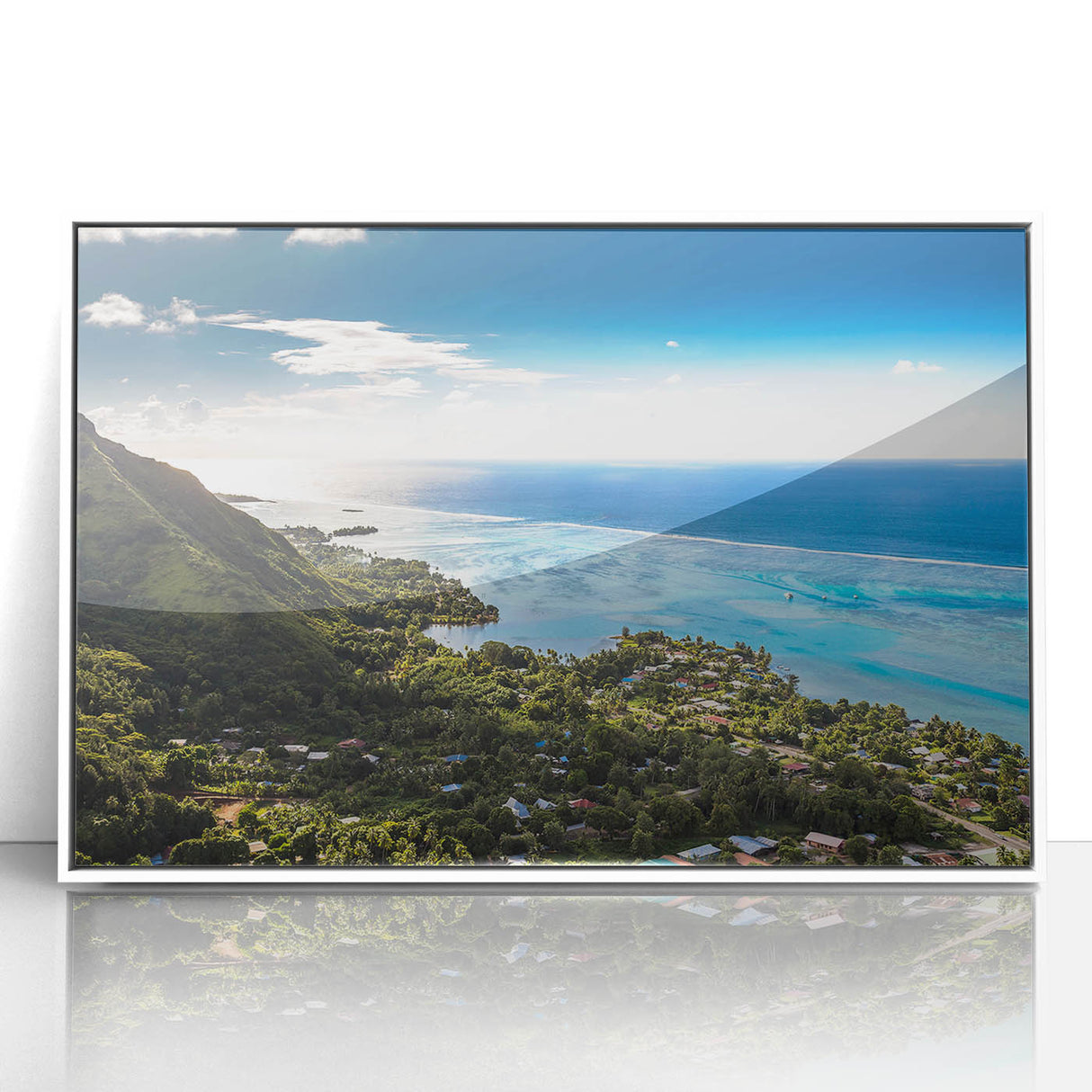 Art deco poster of a serene Tahitian landscape in muted blue and green tones, acrylic print framed in white.