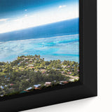 Extra large framed canvas featuring a textured depiction of Tahiti's coastline in vibrant colors on a black background.