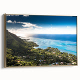 Framed canvas featuring a vintage-style landscape painting of Tahiti with muted blues and greens, ideal for bedroom wall art.