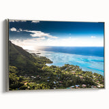 Framed canvas of a Tahitian landscape painting in colorful art style, featuring vibrant ocean and lush greenery.