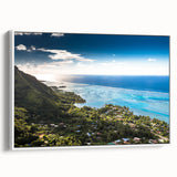 Vintage poster art of Tahitian scenery in vibrant colors on a large framed canvas, ideal for living room decor.