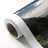 Art deco poster of Tahitian landscape in soft blue and green tones on rolled canvas, suitable for nursery wall art.