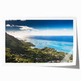 Rolled print of Tahitian scenery with lush florals in vibrant greens and blues, ideal for dining room wall art.