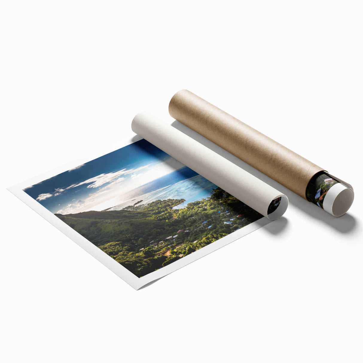 Extra large wall art featuring a scenic view of Tahiti with lush greenery and ocean backdrop, printed on rolled canvas.