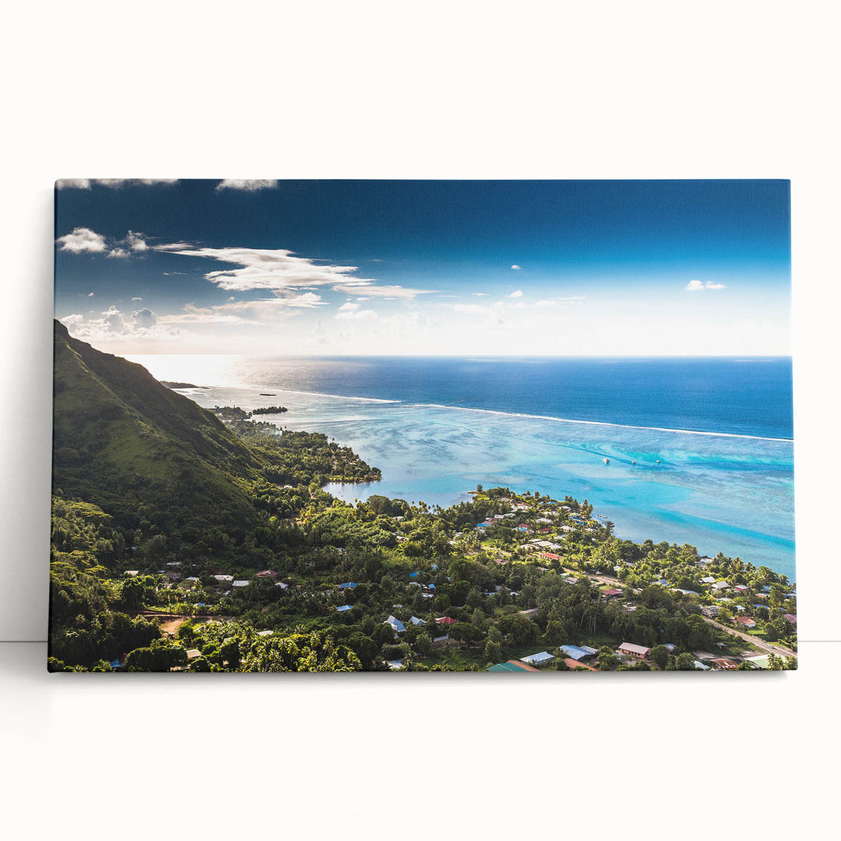 Black and white stretched canvas of Tahitian scenery, ideal for kitchen wall art or bedroom ambiance.