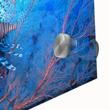 Large abstract wall art on acrylic glass featuring mid-century modernist style oceanic scenery, ideal for dining room decor.