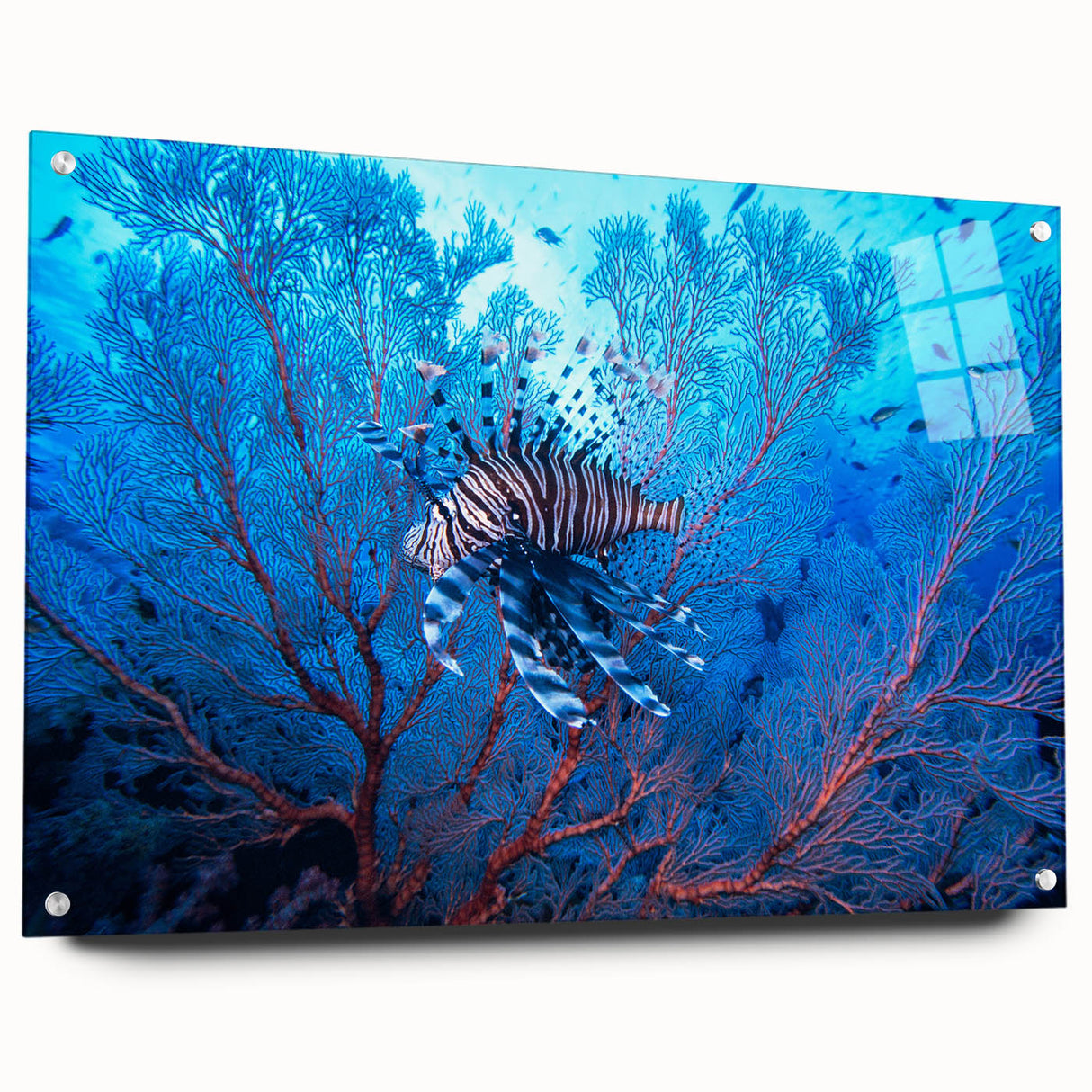 Large abstract wall art on acrylic glass depicting a Micronesian ocean scene, using cool blue and turquoise tones.