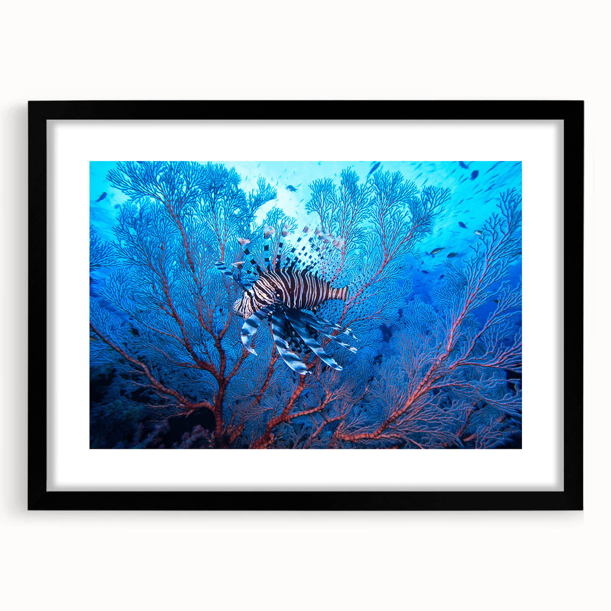 Extra large abstract art print featuring vibrant oceanic hues on a textured canvas, framed in black.