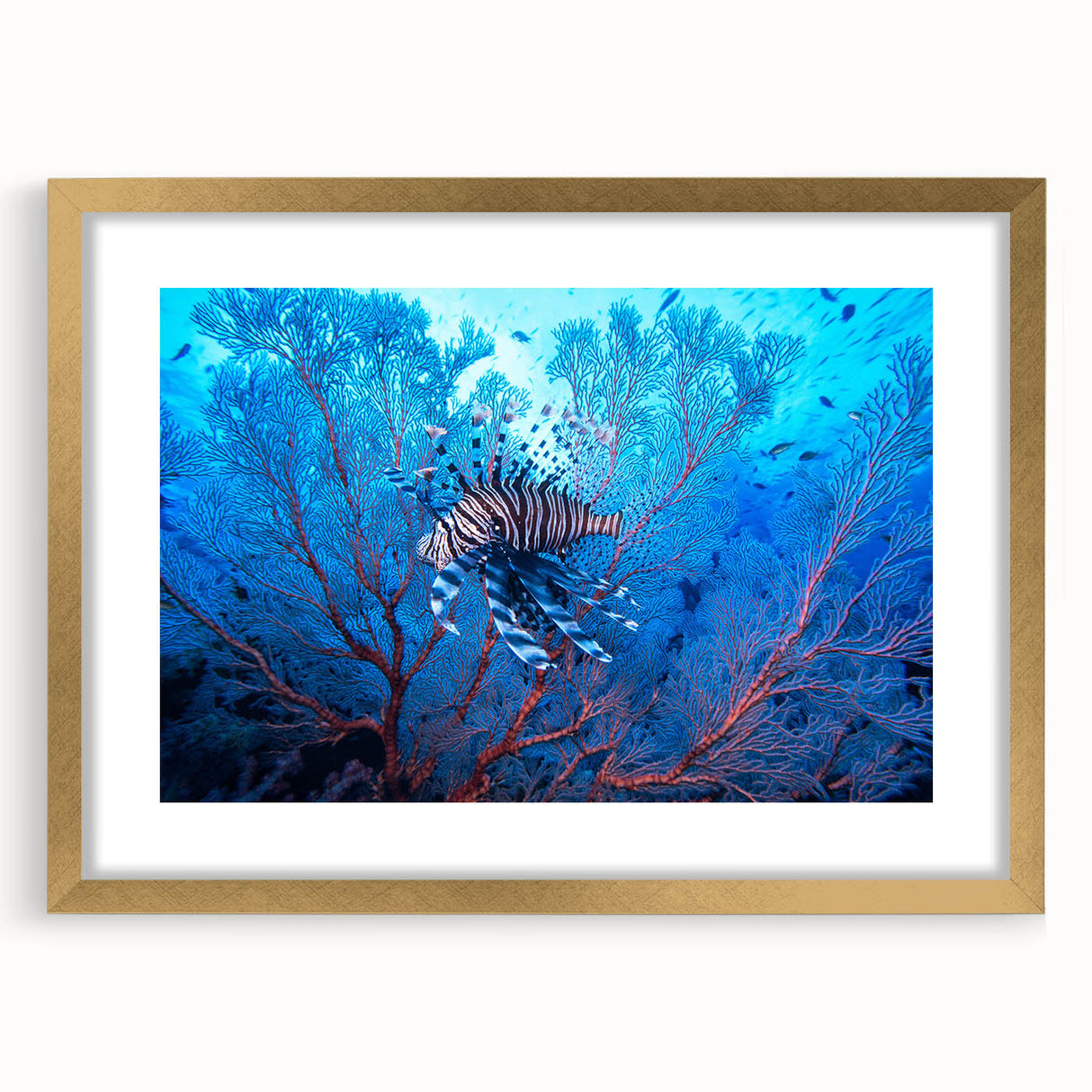 Extra large abstract art print featuring textured oceanic and Micronesian scenery in muted blue and gold tones.