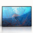 Large abstract wall art depicting oceanic scenery in muted blue and green tones, framed in black acrylic.