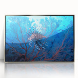 Mid-century modernist art deco poster featuring an abstract oceanic scene in cool blue tones, silver-framed acrylic.