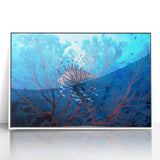 Art Deco style poster of Oceania scenery in muted blue and white tones, framed acrylic, ideal for nursery wall art.