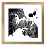 Extra large abstract art print of Auckland skyline, featuring textured hues of blue and gray, framed in gold.
