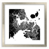 Abstract art print of Auckland skyline in muted blue and green tones on a silver-framed canvas.